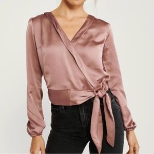 Abercrombie & Fitch Satin Wrap Blouse in Dusty Rose
